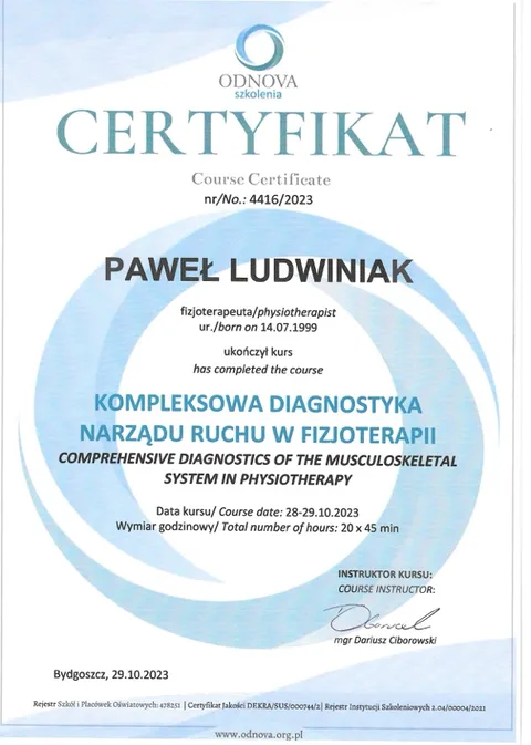 Certyfikat Diagnostyka narządu ruchu – Paweł Ludwiniak, fizjoterapeuta Refizjo