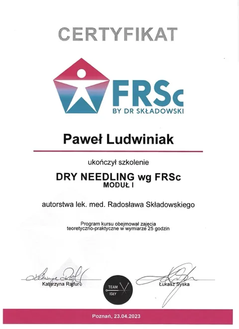 Certyfikat Dry Needling I – Paweł Ludwiniak, fizjoterapeuta Refizjo