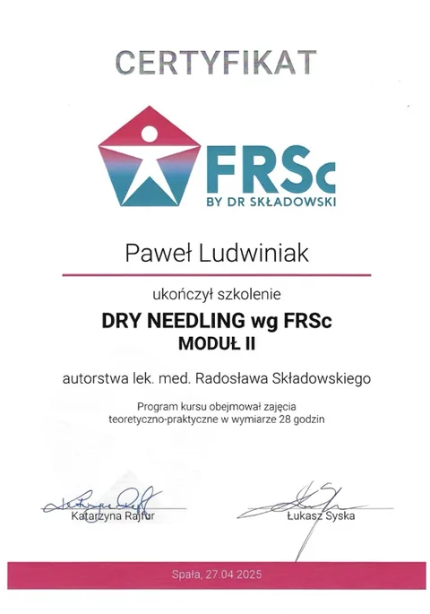Certyfikat Dry Needling II – Paweł Ludwiniak, fizjoterapeuta Refizjo