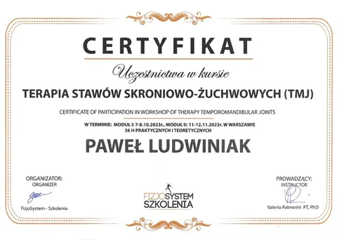 Certyfikat Fizjosystem terapia SSŻ – Paweł Ludwiniak, fizjoterapeuta Refizjo
