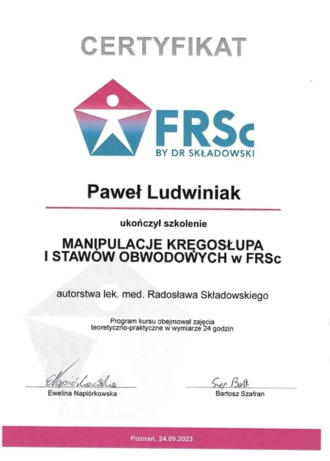 Certyfikat FRSc manipulacje kręgosłupa – Paweł Ludwiniak, fizjoterapeuta Refizjo
