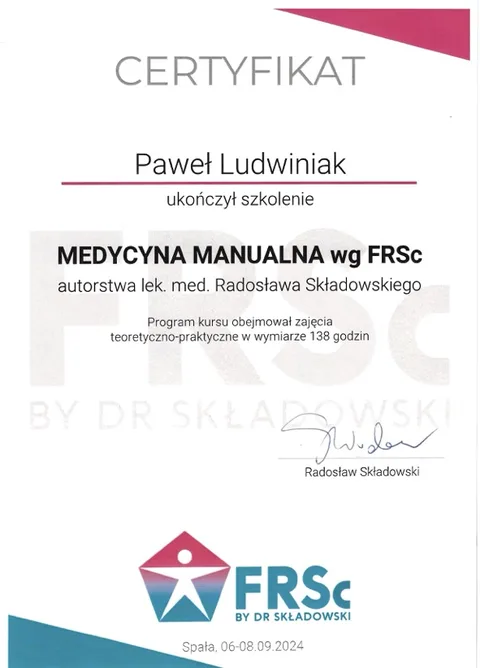 Certyfikat FRSc medycyna manualna – Paweł Ludwiniak, fizjoterapeuta Refizjo