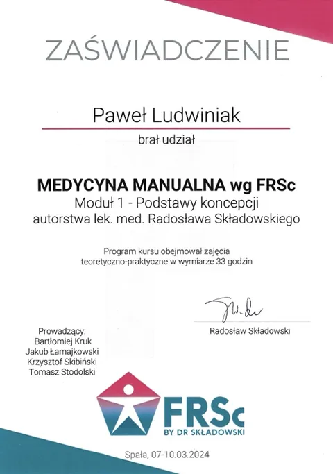 Certyfikat FRSc moduł 1 – Paweł Ludwiniak, fizjoterapeuta Refizjo