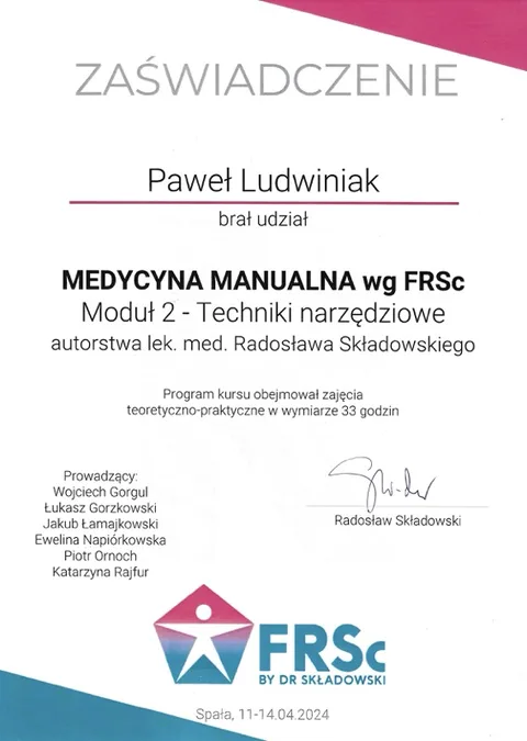 Certyfikat FRSc moduł 2 – Paweł Ludwiniak, fizjoterapeuta Refizjo