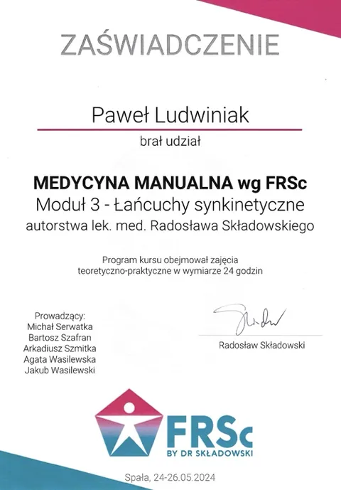 Certyfikat FRSc moduł 3 – Paweł Ludwiniak, fizjoterapeuta Refizjo
