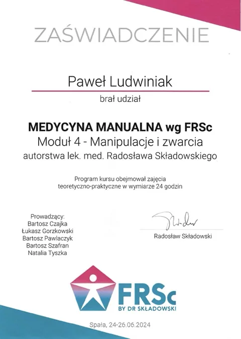 Certyfikat FRSc moduł 4 – Paweł Ludwiniak, fizjoterapeuta Refizjo