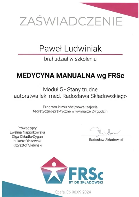 Certyfikat FRSc moduł 5 – Paweł Ludwiniak, fizjoterapeuta Refizjo