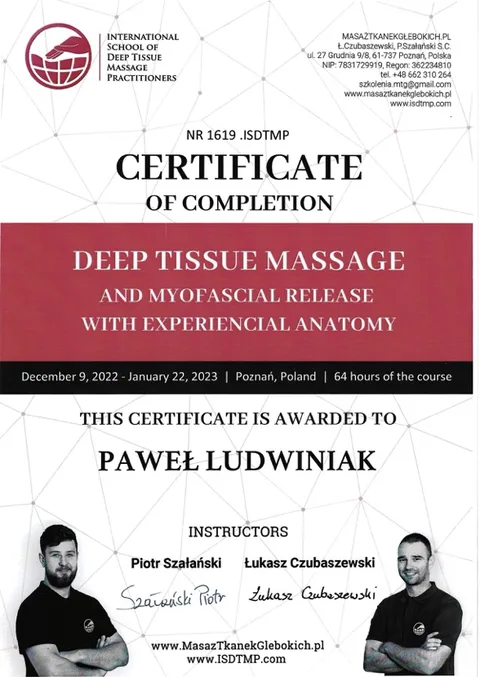 Certyfikat masaż tkanek głębokich – Paweł Ludwiniak, fizjoterapeuta Refizjo