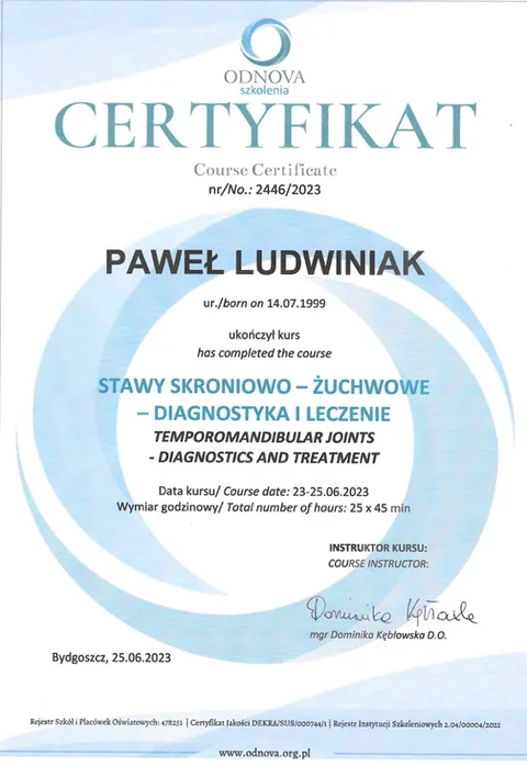 Certyfikat ODNOVA SSŻ – Paweł Ludwiniak, fizjoterapeuta Refizjo