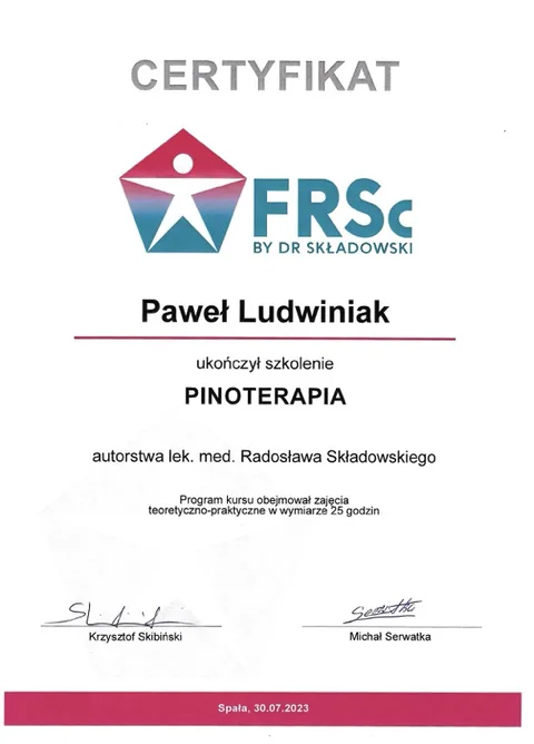 Certyfikat Pinoterapia – Paweł Ludwiniak, fizjoterapeuta Refizjo