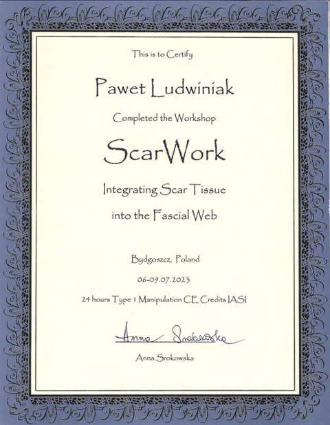 Certyfikat ScarWork – Paweł Ludwiniak, fizjoterapeuta Refizjo